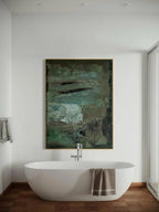 Mid-Century Modern abstract wall art in green and brown tones with textured details, perfect for minimalist and nature-inspired interiors.