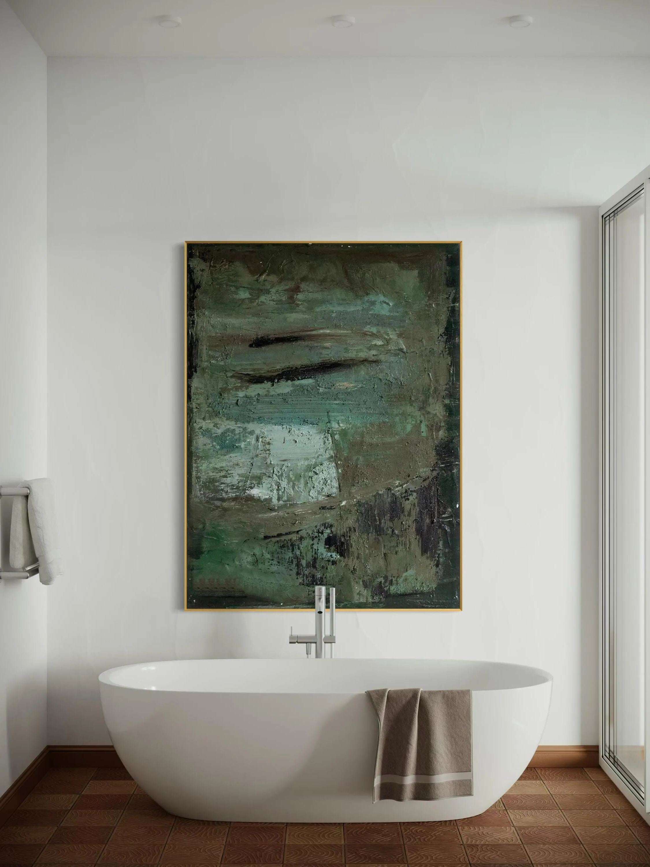 Mid-Century Modern abstract wall art in green and brown tones with textured details, perfect for minimalist and nature-inspired interiors.