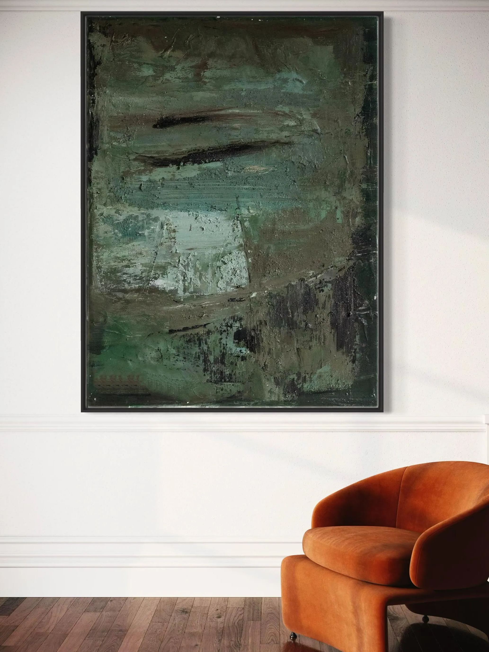 Mid-Century Modern abstract wall art in green and brown tones with textured details, perfect for minimalist and nature-inspired interiors.
