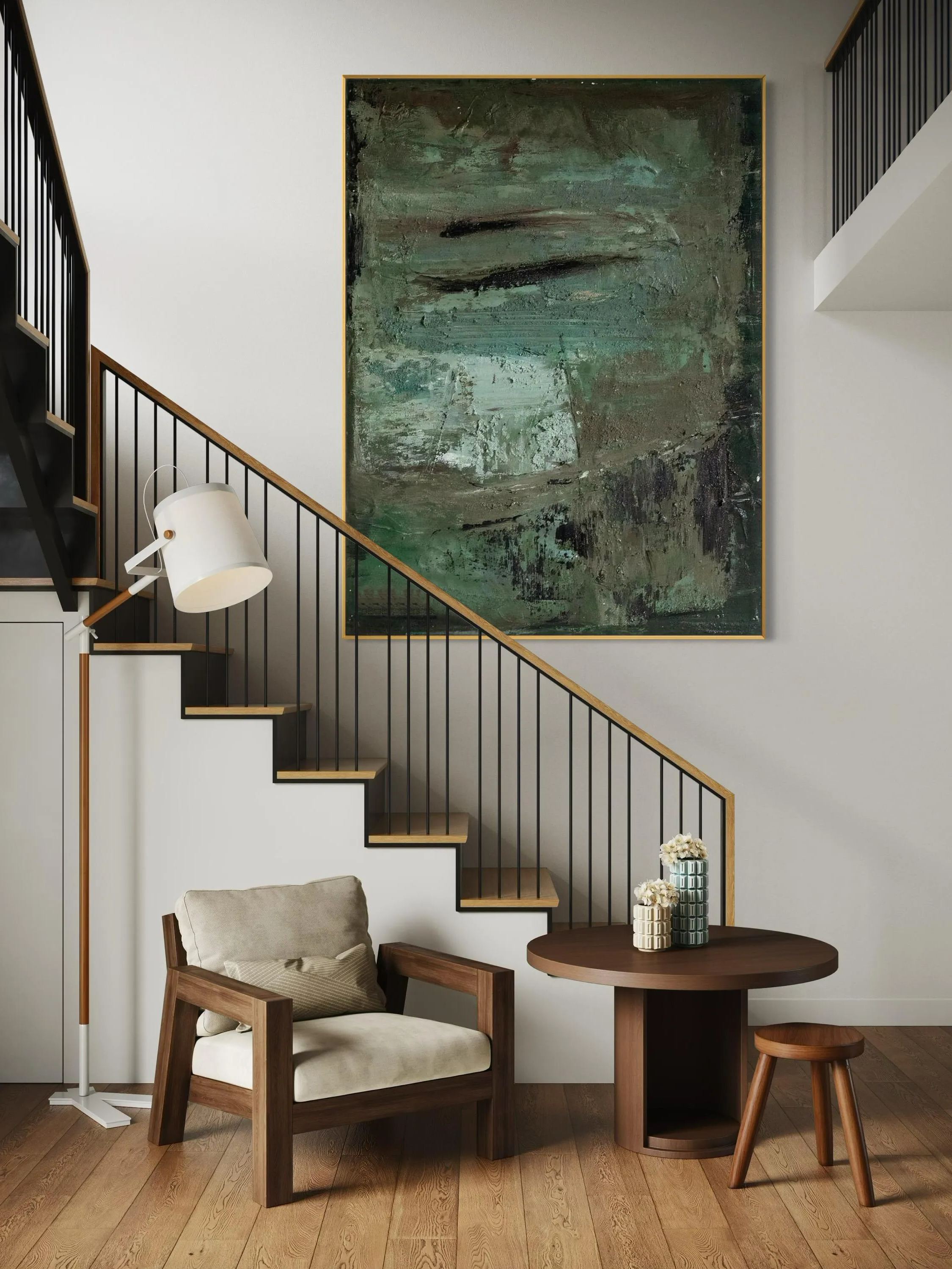 Mid-Century Modern abstract wall art in green and brown tones with textured details, perfect for minimalist and nature-inspired interiors.