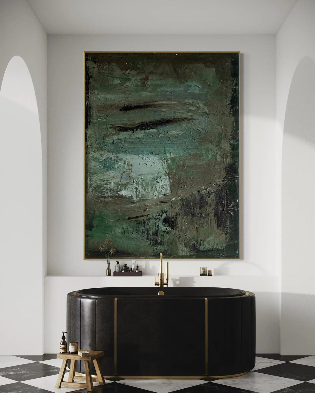 Mid-Century Modern abstract wall art in green and brown tones with textured details, perfect for minimalist and nature-inspired interiors.