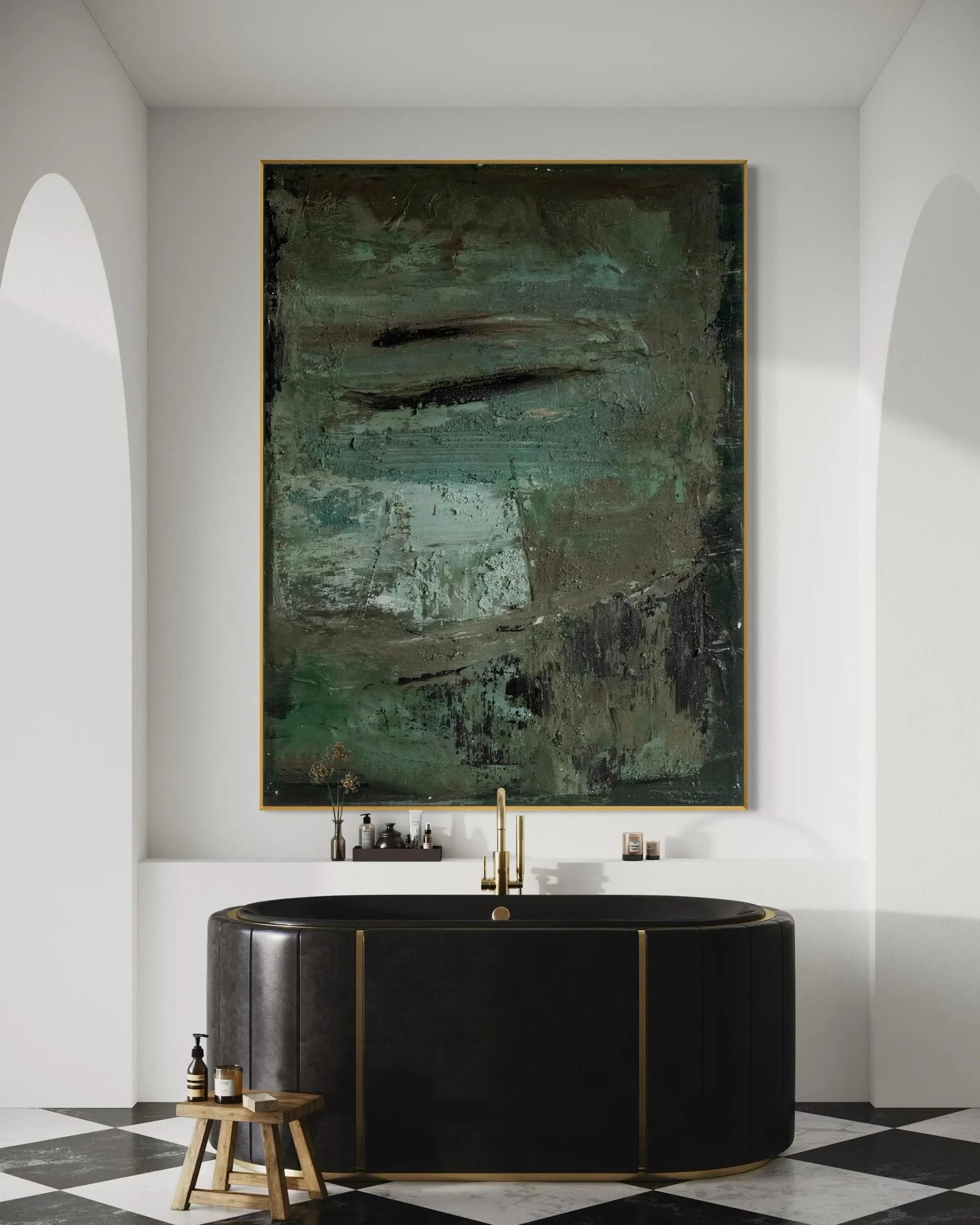 Mid-Century Modern abstract wall art in green and brown tones with textured details, perfect for minimalist and nature-inspired interiors.