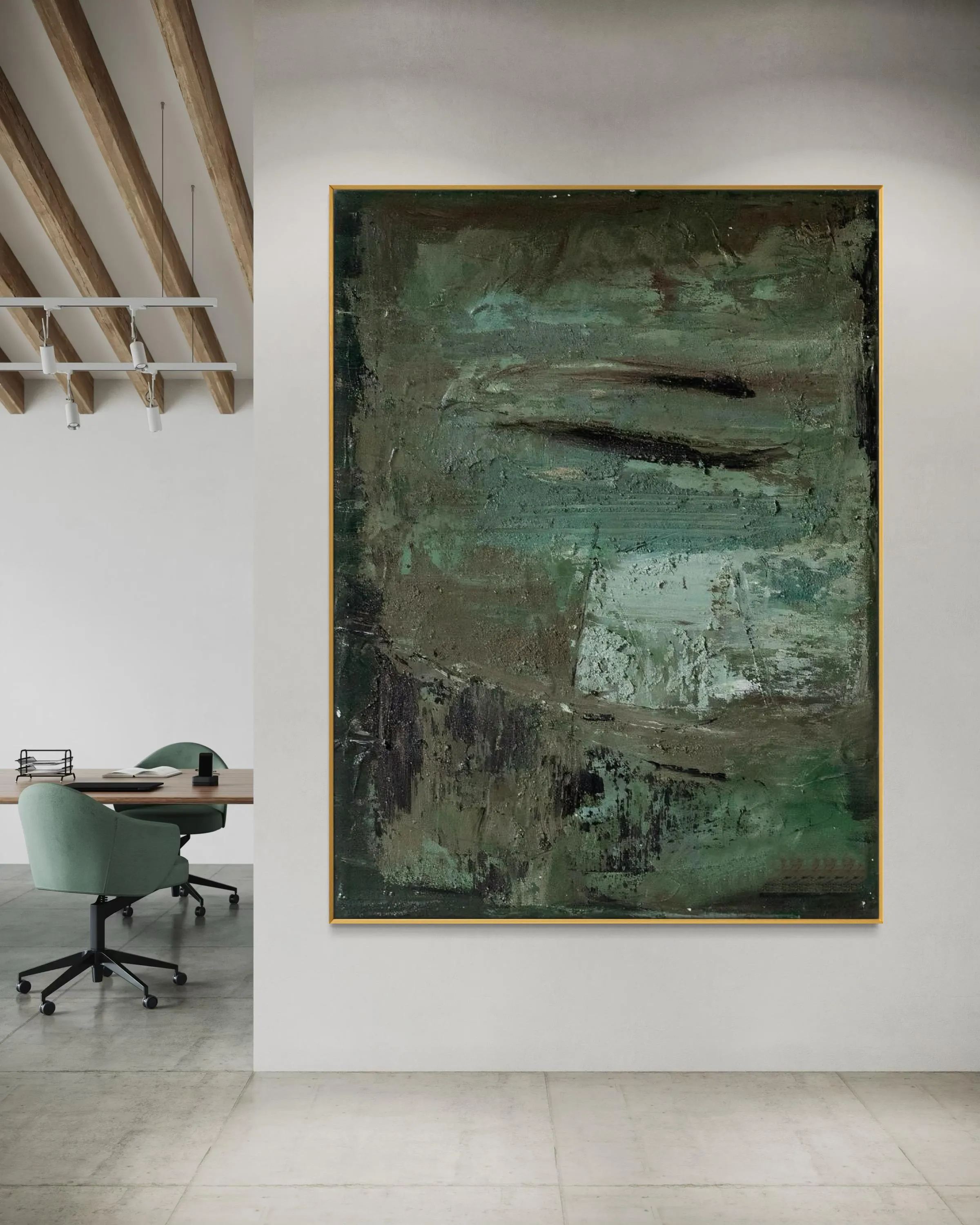 Mid-Century Modern abstract wall art in green and brown tones with textured details, perfect for minimalist and nature-inspired interiors.