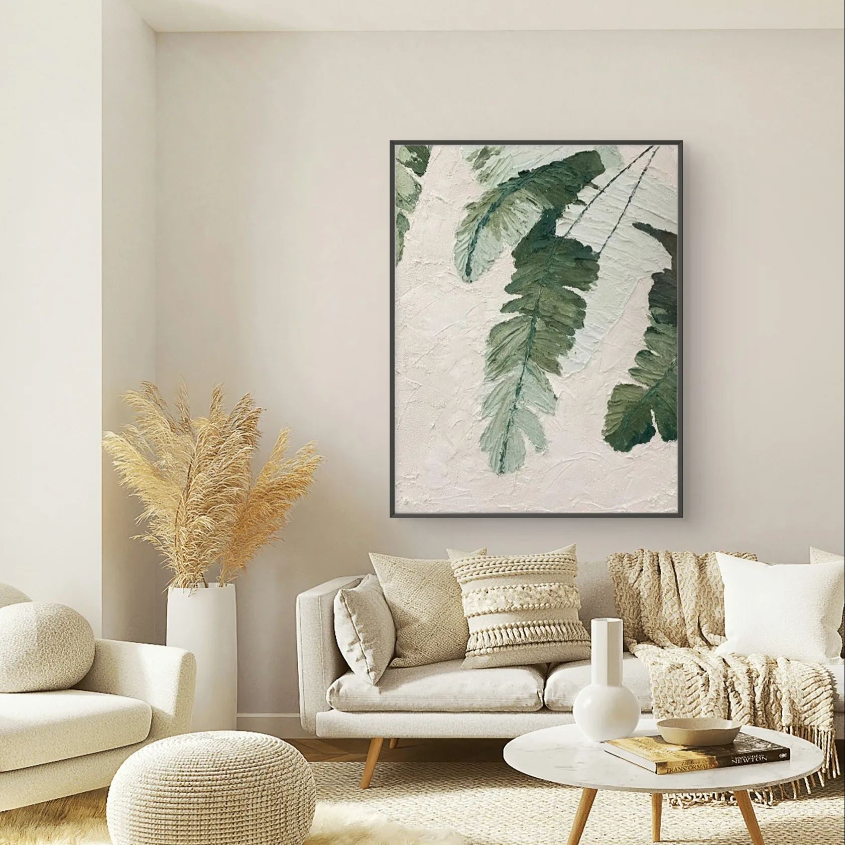 Green plant oil painting with Wabi-Sabi style, depicting the natural beauty of leaves, ideal for modern home decor.