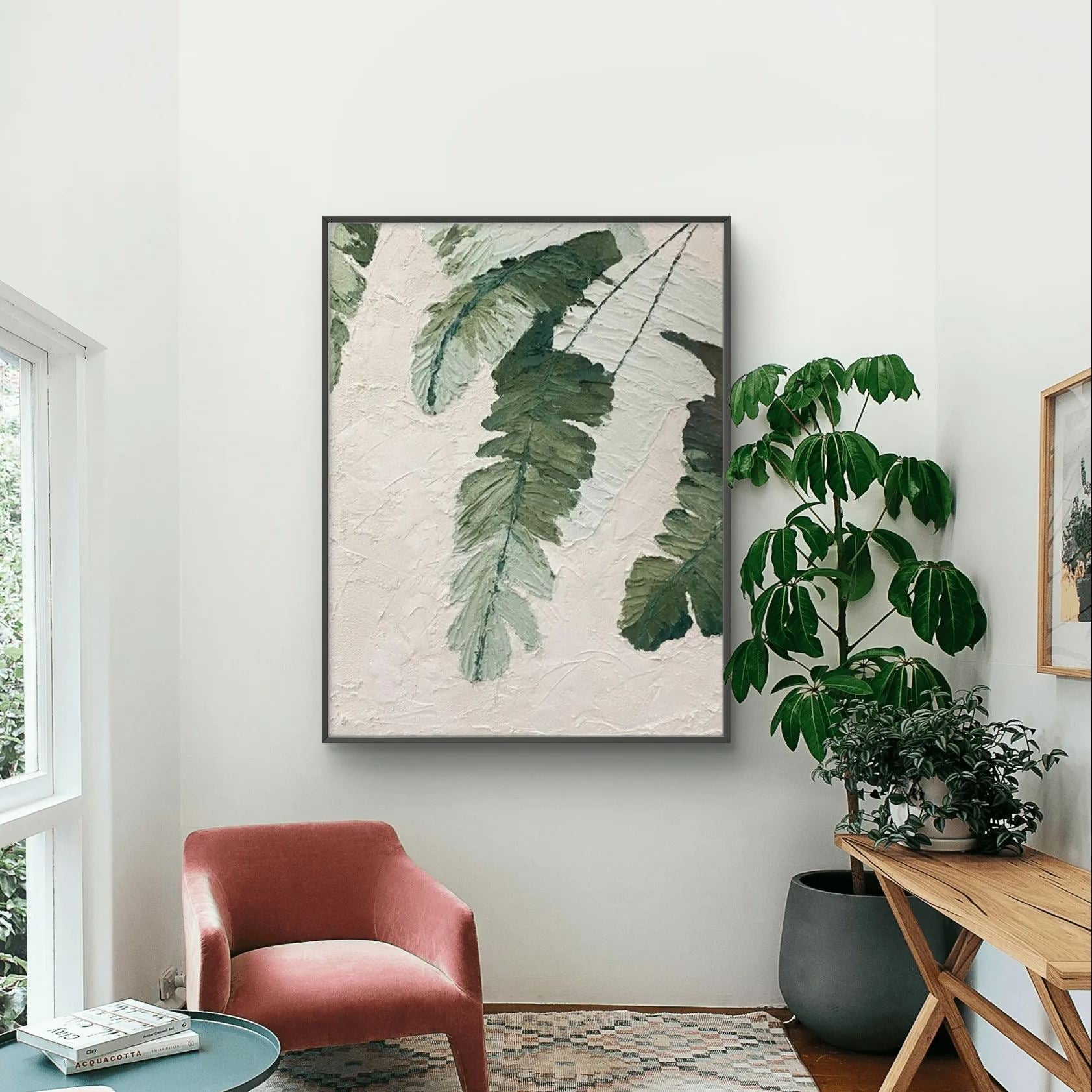 Green plant oil painting with Wabi-Sabi style, depicting the natural beauty of leaves, ideal for modern home decor.