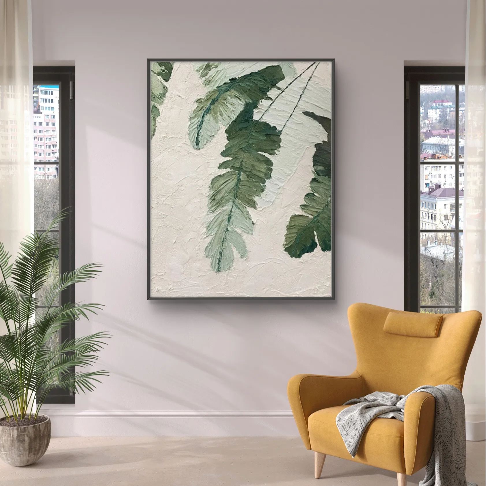 Green plant oil painting with Wabi-Sabi style, depicting the natural beauty of leaves, ideal for modern home decor.