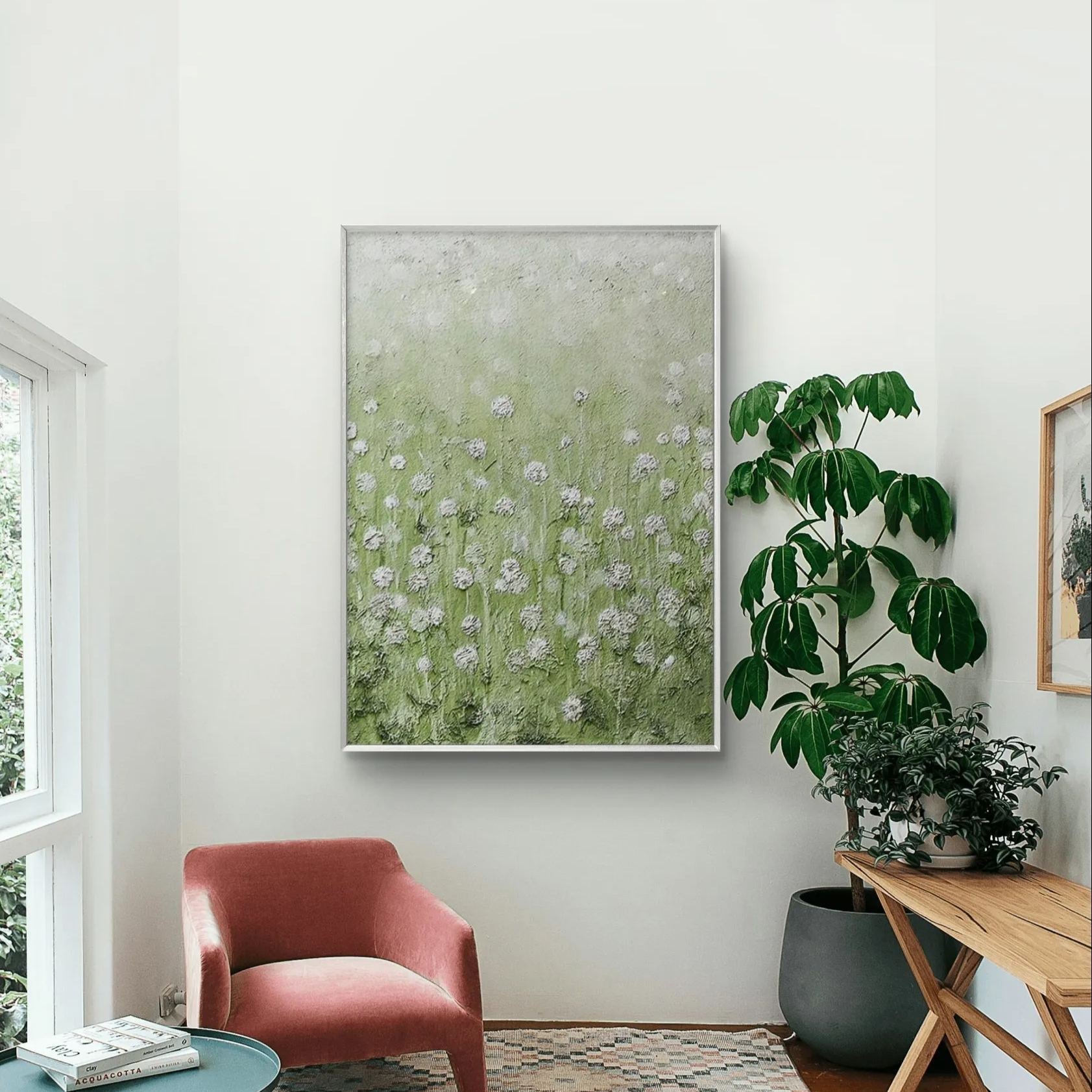 Green flower field Impressionist oil painting with textured effects, depicting the tranquility and liveliness of natural scenery, perfect for modern home decor.