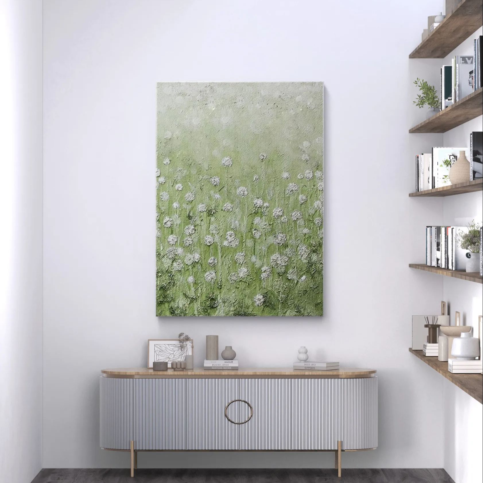 Green flower field Impressionist oil painting with textured effects, depicting the tranquility and liveliness of natural scenery, perfect for modern home decor.
