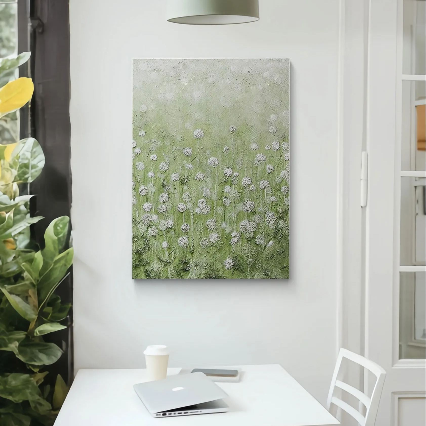 Green flower field Impressionist oil painting with textured effects, depicting the tranquility and liveliness of natural scenery, perfect for modern home decor.