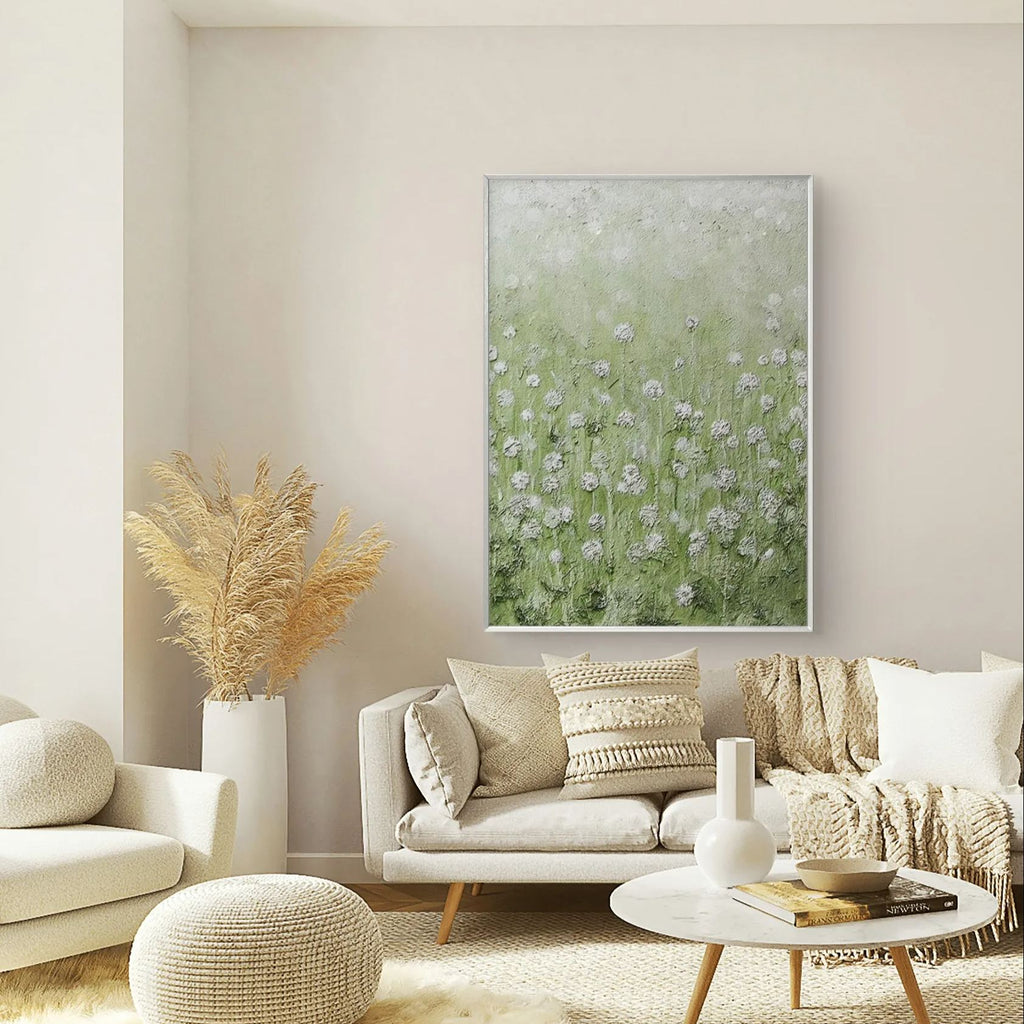 Green flower field Impressionist oil painting with textured effects, depicting the tranquility and liveliness of natural scenery, perfect for modern home decor.