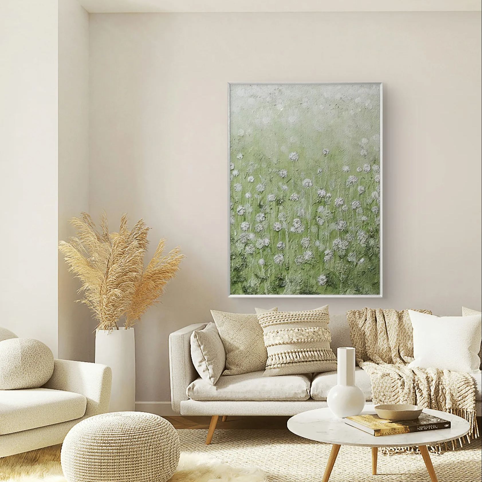 Green flower field Impressionist oil painting with textured effects, depicting the tranquility and liveliness of natural scenery, perfect for modern home decor.