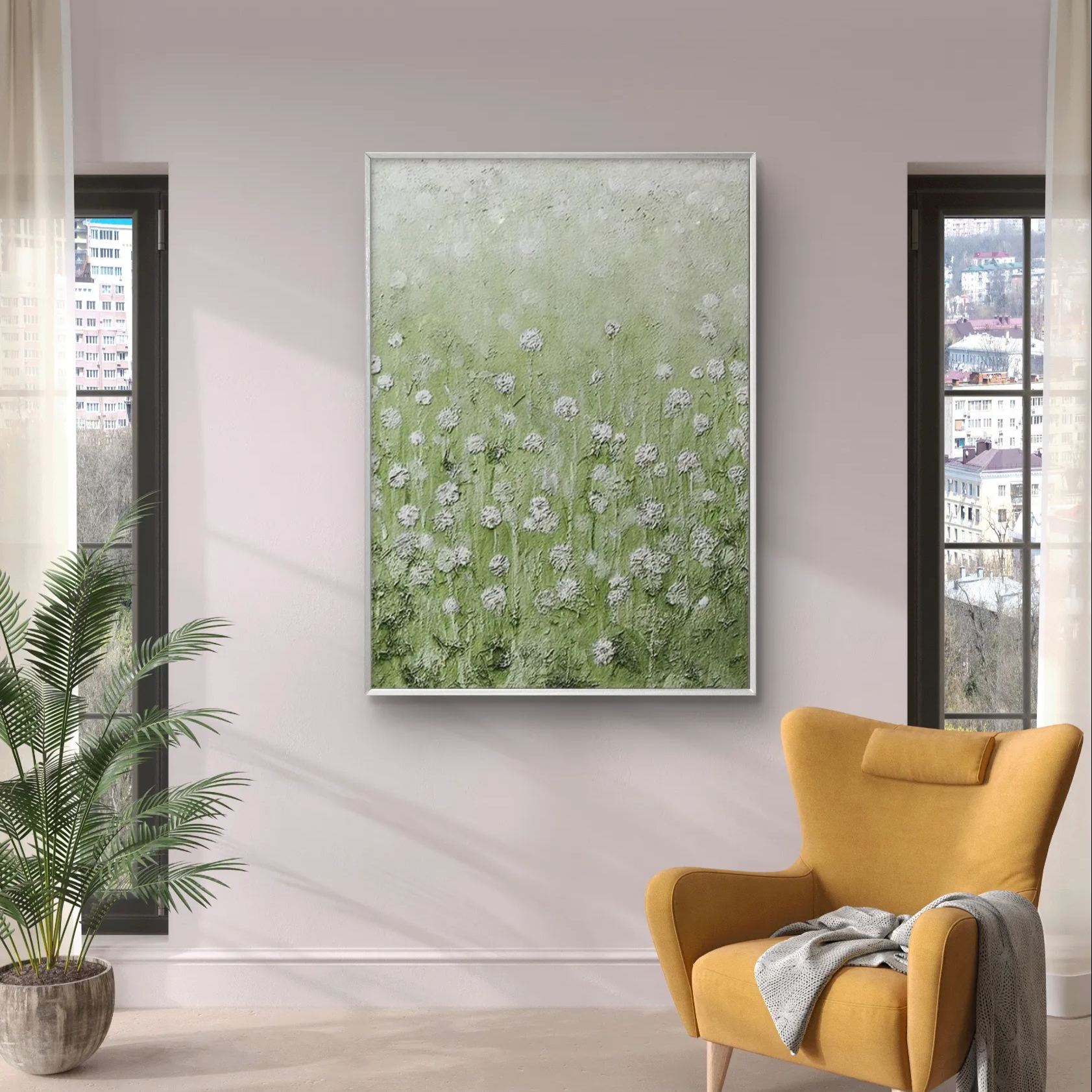 Green flower field Impressionist oil painting with textured effects, depicting the tranquility and liveliness of natural scenery, perfect for modern home decor.