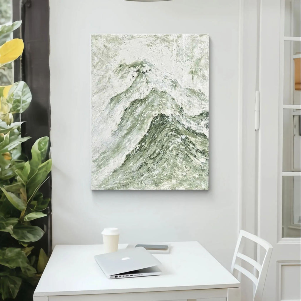 Green mountain abstract oil painting depicting the serenity and grandeur of natural landscapes, perfect for modern home decor.