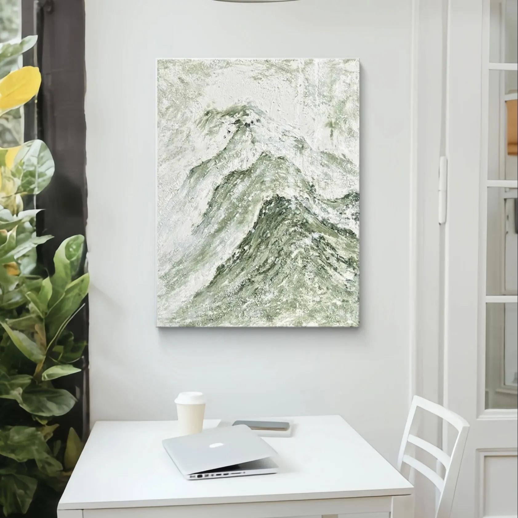 Green mountain abstract oil painting depicting the serenity and grandeur of natural landscapes, perfect for modern home decor.