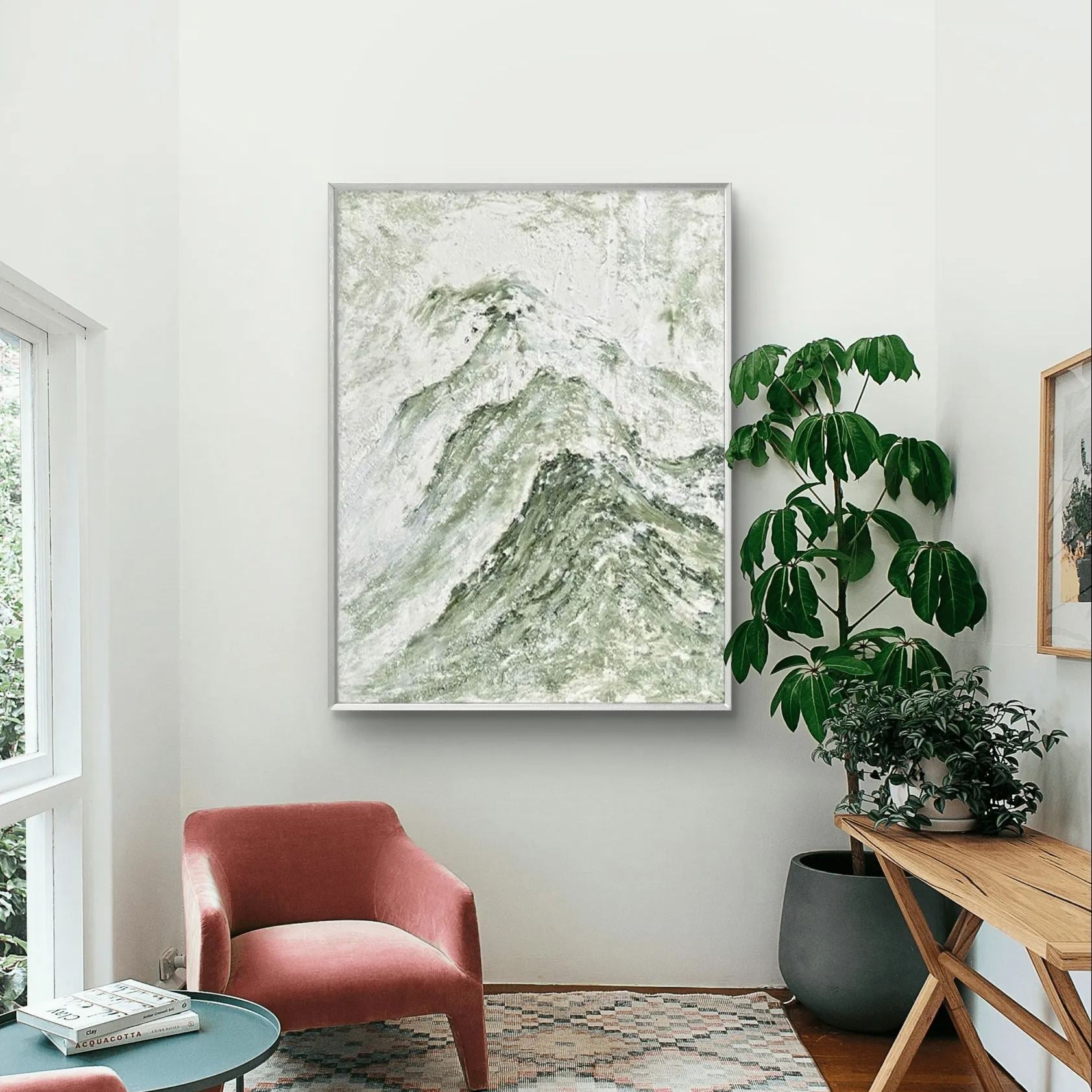 Green mountain abstract oil painting depicting the serenity and grandeur of natural landscapes, perfect for modern home decor.