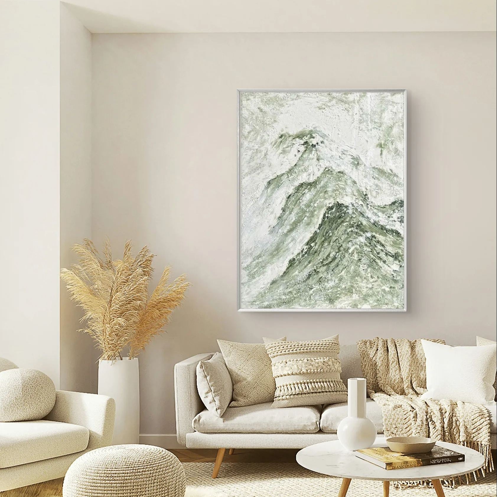 Green mountain abstract oil painting depicting the serenity and grandeur of natural landscapes, perfect for modern home decor.