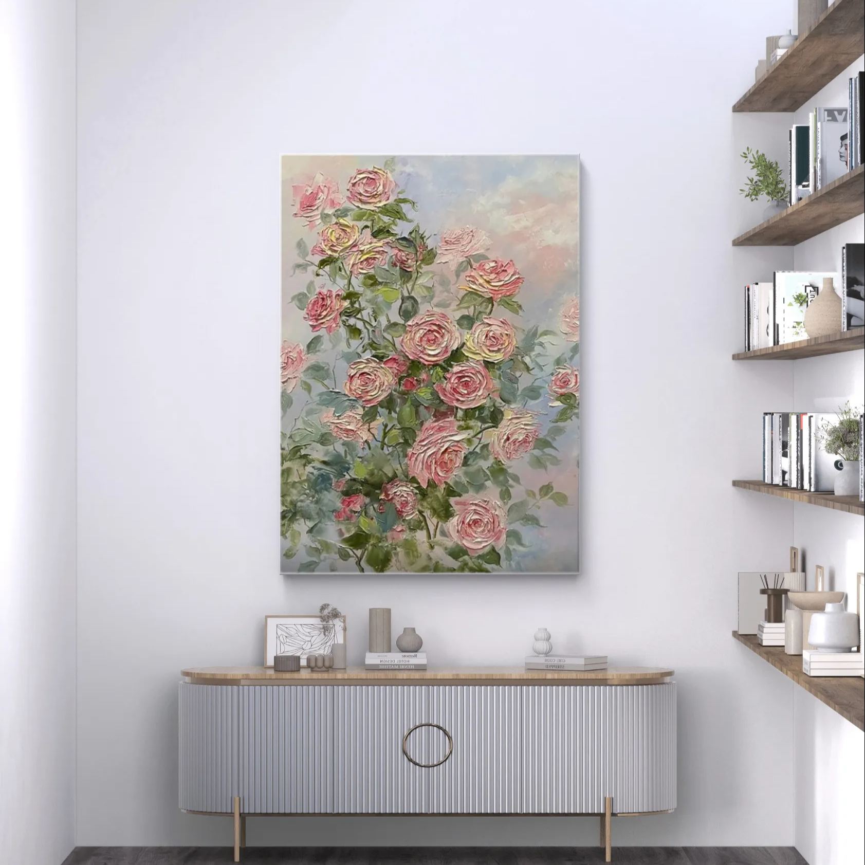 Impressionistic floral painting depicting pink and light yellow roses, complemented by green leaves, creating a fresh and natural ambiance.