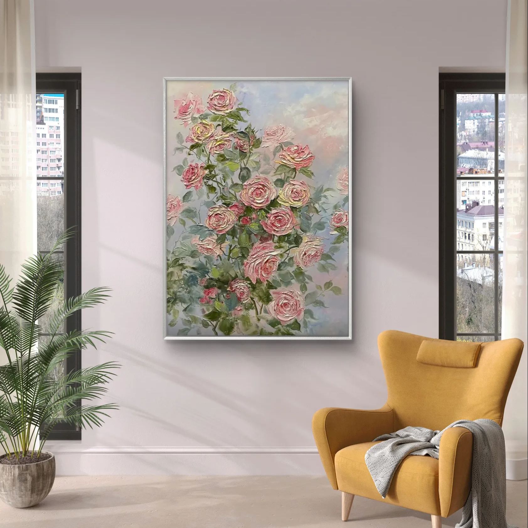 Impressionistic floral painting depicting pink and light yellow roses, complemented by green leaves, creating a fresh and natural ambiance.