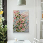 Impressionistic floral painting depicting pink and light yellow roses, complemented by green leaves, creating a fresh and natural ambiance.