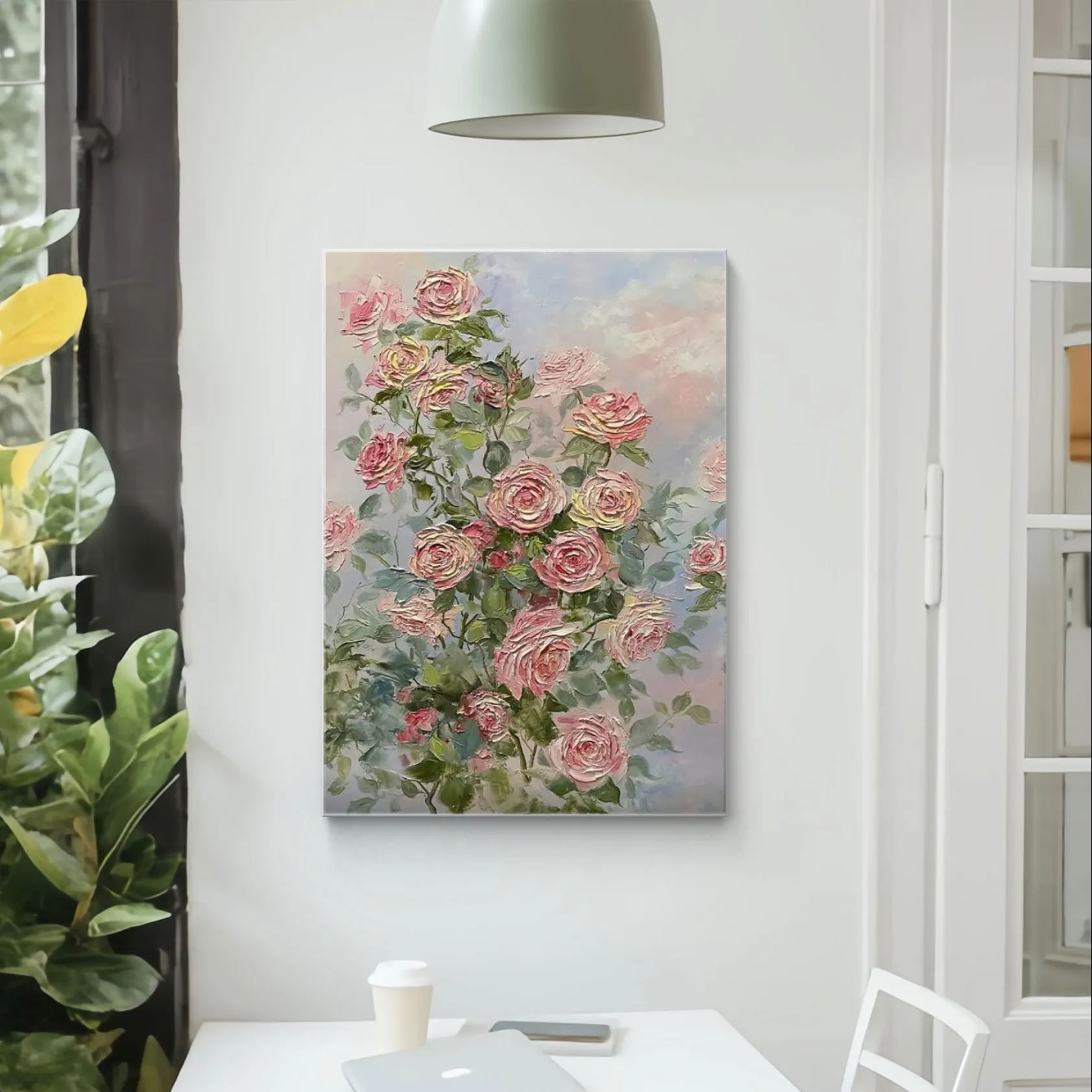 Impressionistic floral painting depicting pink and light yellow roses, complemented by green leaves, creating a fresh and natural ambiance.