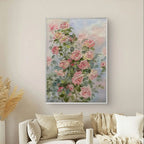 Impressionistic floral painting depicting pink and light yellow roses, complemented by green leaves, creating a fresh and natural ambiance.