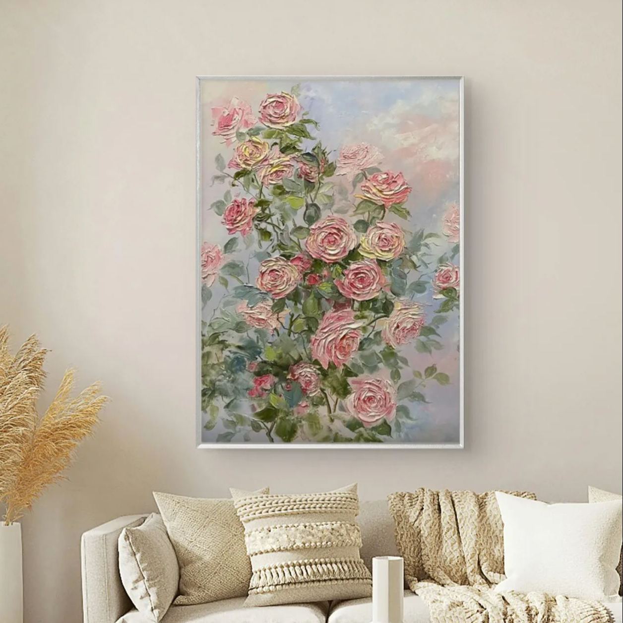 Impressionistic floral painting depicting pink and light yellow roses, complemented by green leaves, creating a fresh and natural ambiance.
