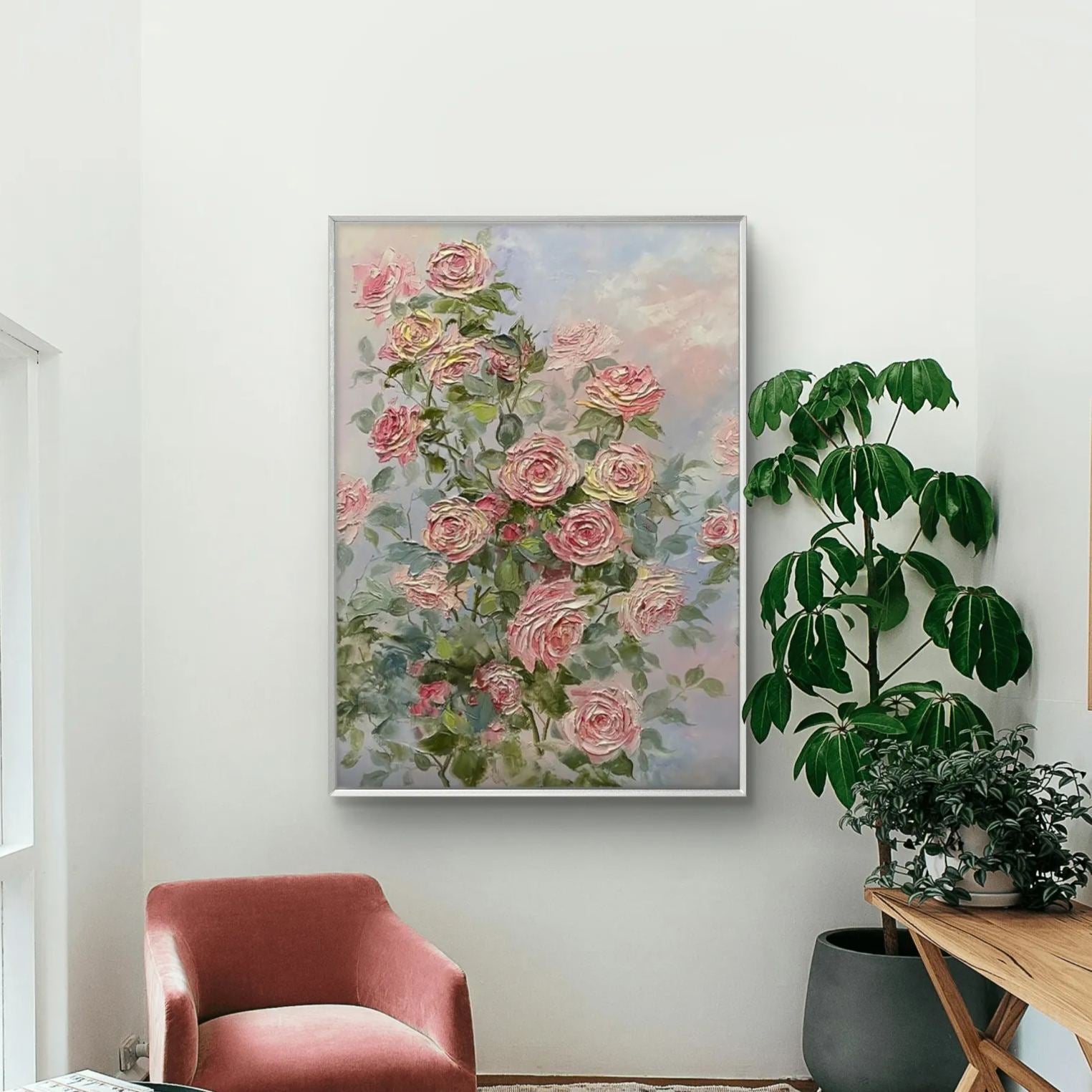 Impressionistic Floral Art - Pink Roses and Fresh Nature#FL008