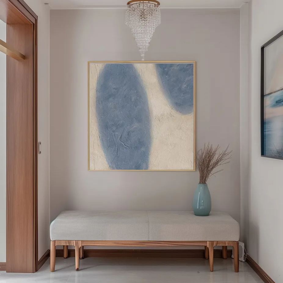 Minimalist Geometric Art #MG023 hanging above a bench in a hallway.