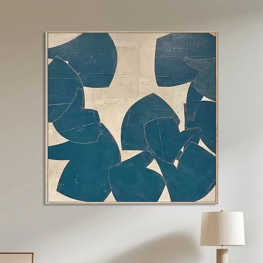 Close up of the teal and beige minimalist abstract art.