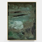 Mid-Century Modern abstract wall art in green and brown tones with textured details, perfect for minimalist and nature-inspired interiors.