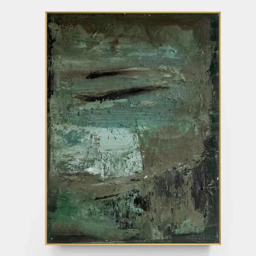 Mid-Century Modern abstract wall art in green and brown tones with textured details, perfect for minimalist and nature-inspired interiors.