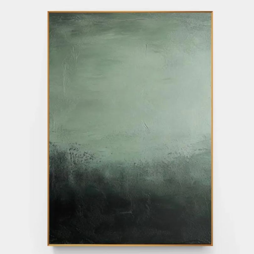 Wabi-Sabi inspired green wall art with organic texture and deep color tones.