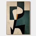 Geometric abstract canvas painting with bold shapes in green, black, and beige tones.
