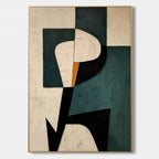 Geometric abstract canvas painting with bold shapes in green, black, and beige tones.