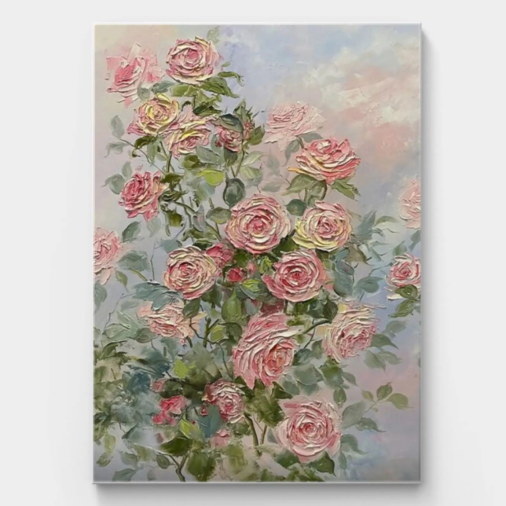 Impressionistic floral painting depicting pink and light yellow roses, complemented by green leaves, creating a fresh and natural ambiance.