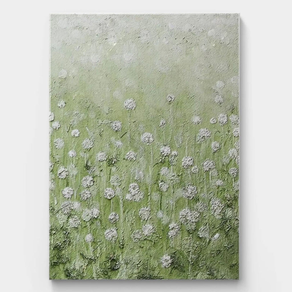 Green flower field Impressionist oil painting with textured effects, depicting the tranquility and liveliness of natural scenery, perfect for modern home decor.