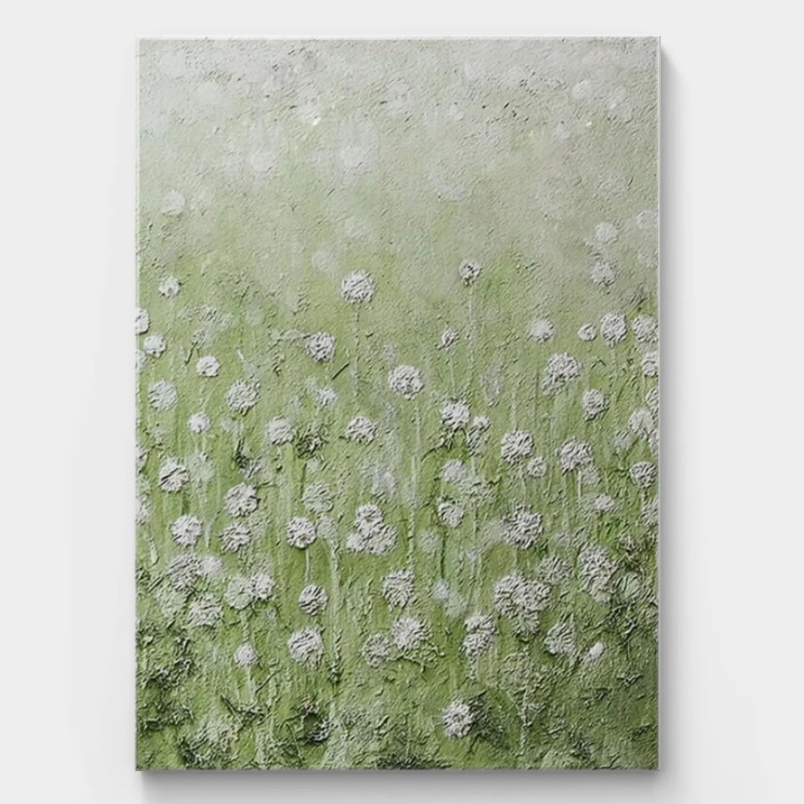 Green flower field Impressionist oil painting with textured effects, depicting the tranquility and liveliness of natural scenery, perfect for modern home decor.
