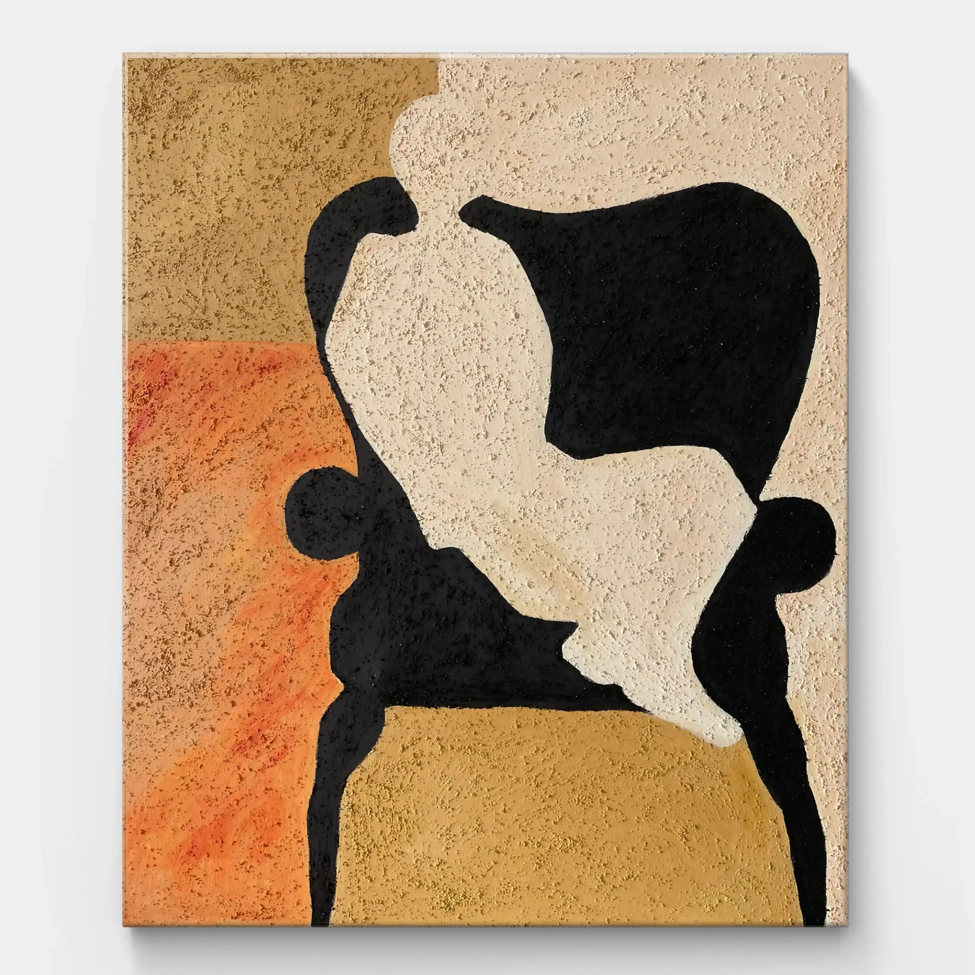 Modern Black White Abstract Figure Canvas Art with Orange
