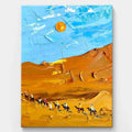 Textured Desert Landscape Canvas with Camel Caravan Under Blue Sky