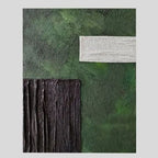 Minimalist textured wall art with green, black, and white geometric shapes on a vertical canvas, Modern Geometric Abstract Canvas Art with Green Black White Textures