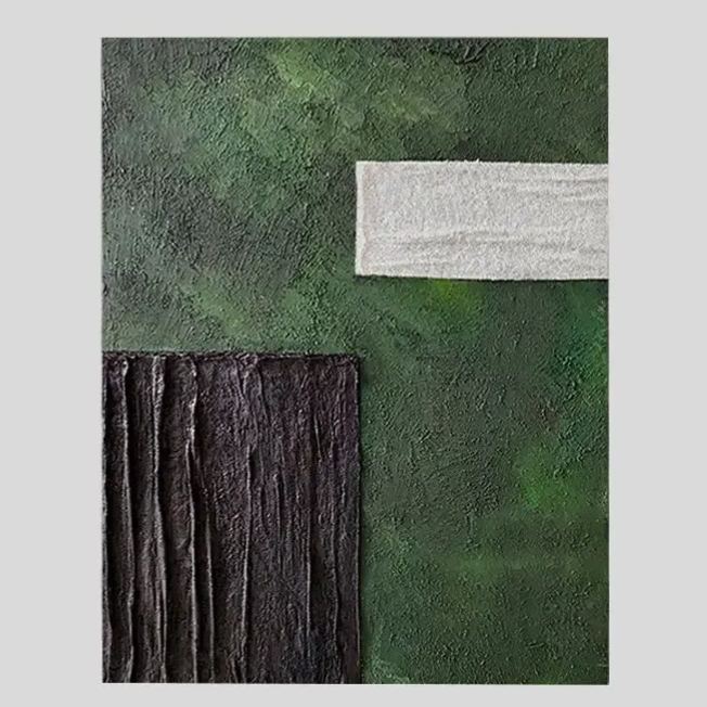 Minimalist textured wall art with green, black, and white geometric shapes on a vertical canvas, Modern Geometric Abstract Canvas Art with Green Black White Textures