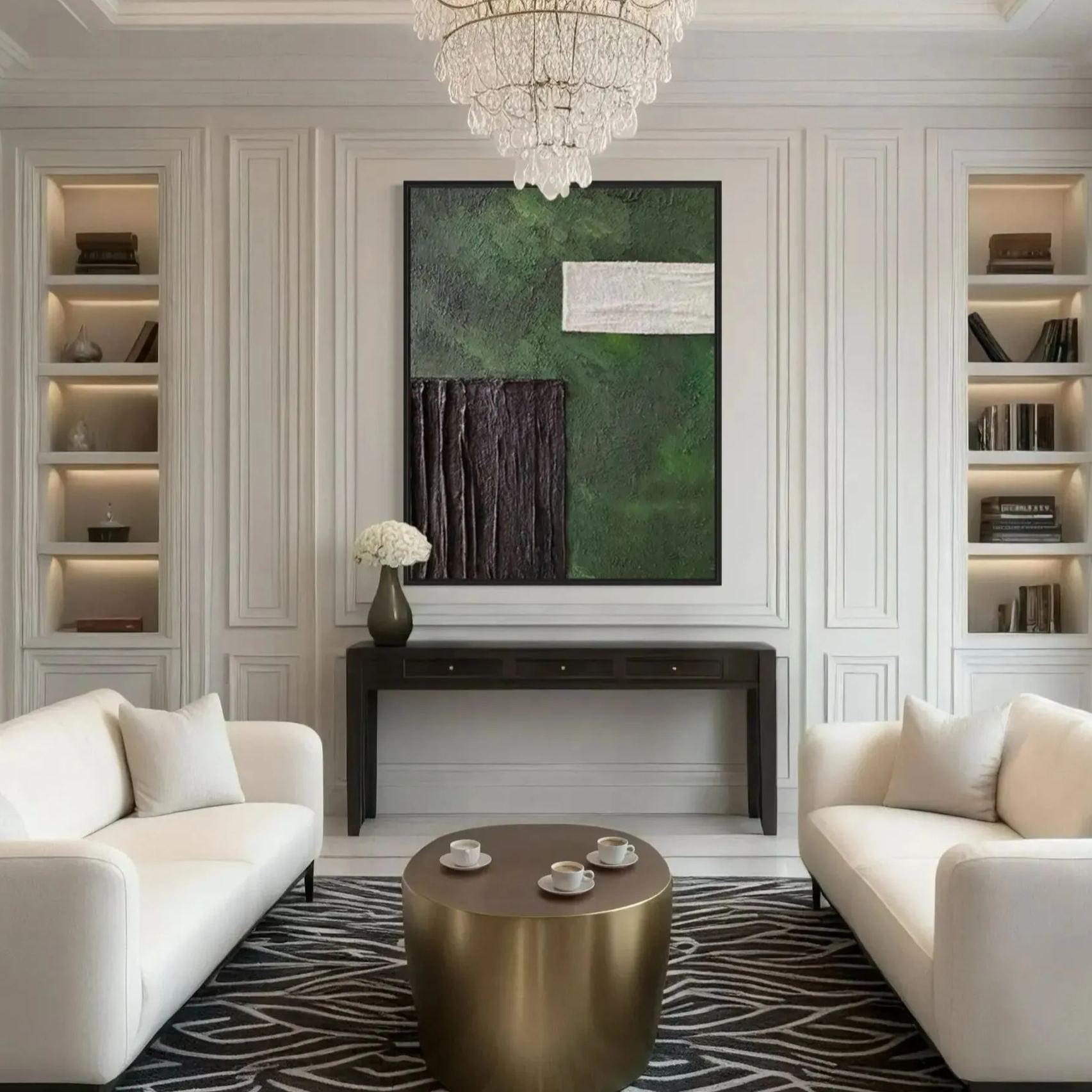 Minimalist textured wall art with green, black, and white geometric shapes on a vertical canvas, Modern Geometric Abstract Canvas Art with Green Black White Textures