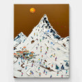 Hand-painted textured wall art depicting a vibrant ski resort scene with a snowy mountain, colorful skiers, and a golden sun.