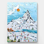 textured wall art of a snowy ski resort scene with vibrant skiers, a snowy mountain, and a blue sky.
