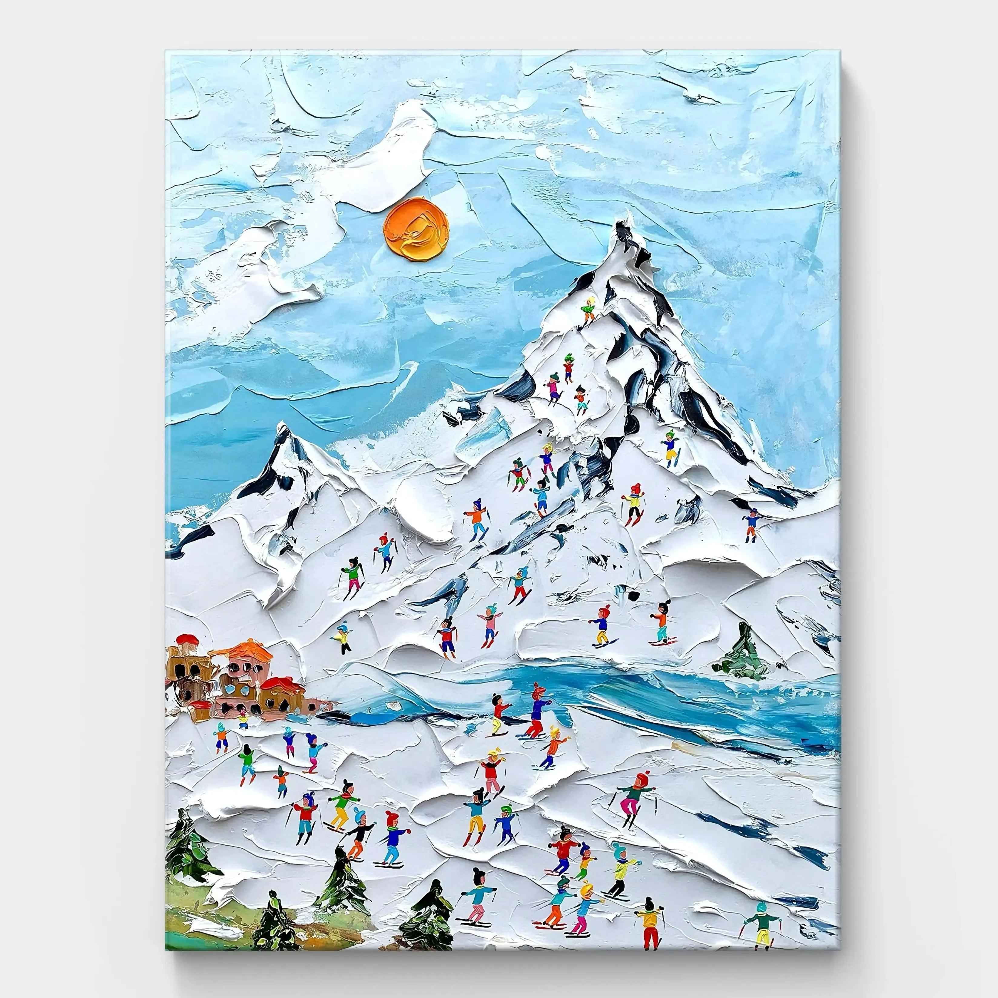 textured wall art of a snowy ski resort scene with vibrant skiers, a snowy mountain, and a blue sky.
