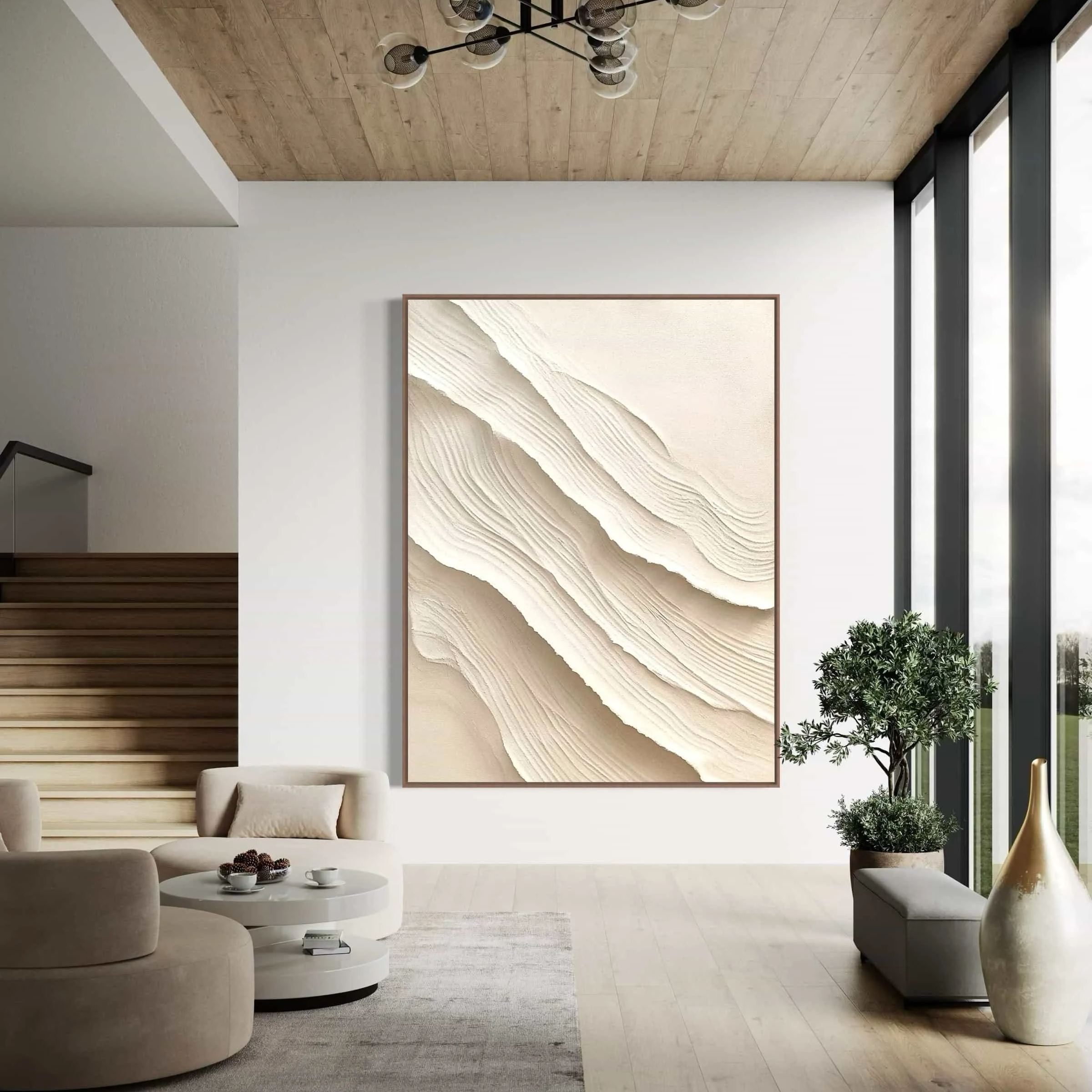 Minimalist 3D texture canvas in soft neutral shades, reflecting organic wave patterns for a serene, modern interior design.