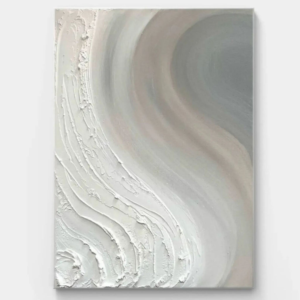 Abstract minimalist textured painting with a natural flow visual effect, combining soft grey, white, and beige tones with hea