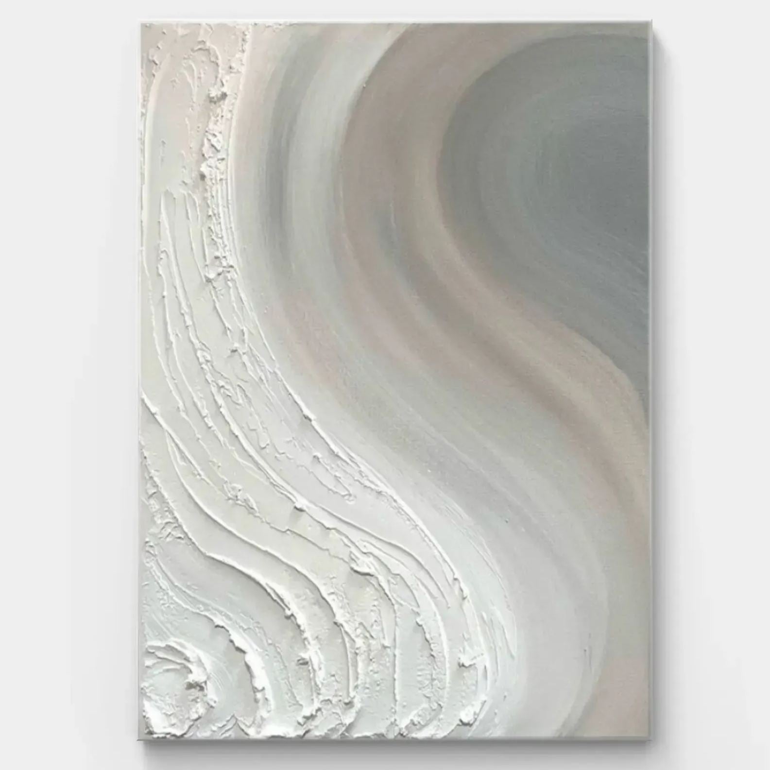 Abstract minimalist textured painting with a natural flow visual effect, combining soft grey, white, and beige tones with heavy texture, perfect for modern home decor.