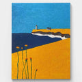 Vibrant coastal art featuring a lighthouse, yellow field, and blue sky.