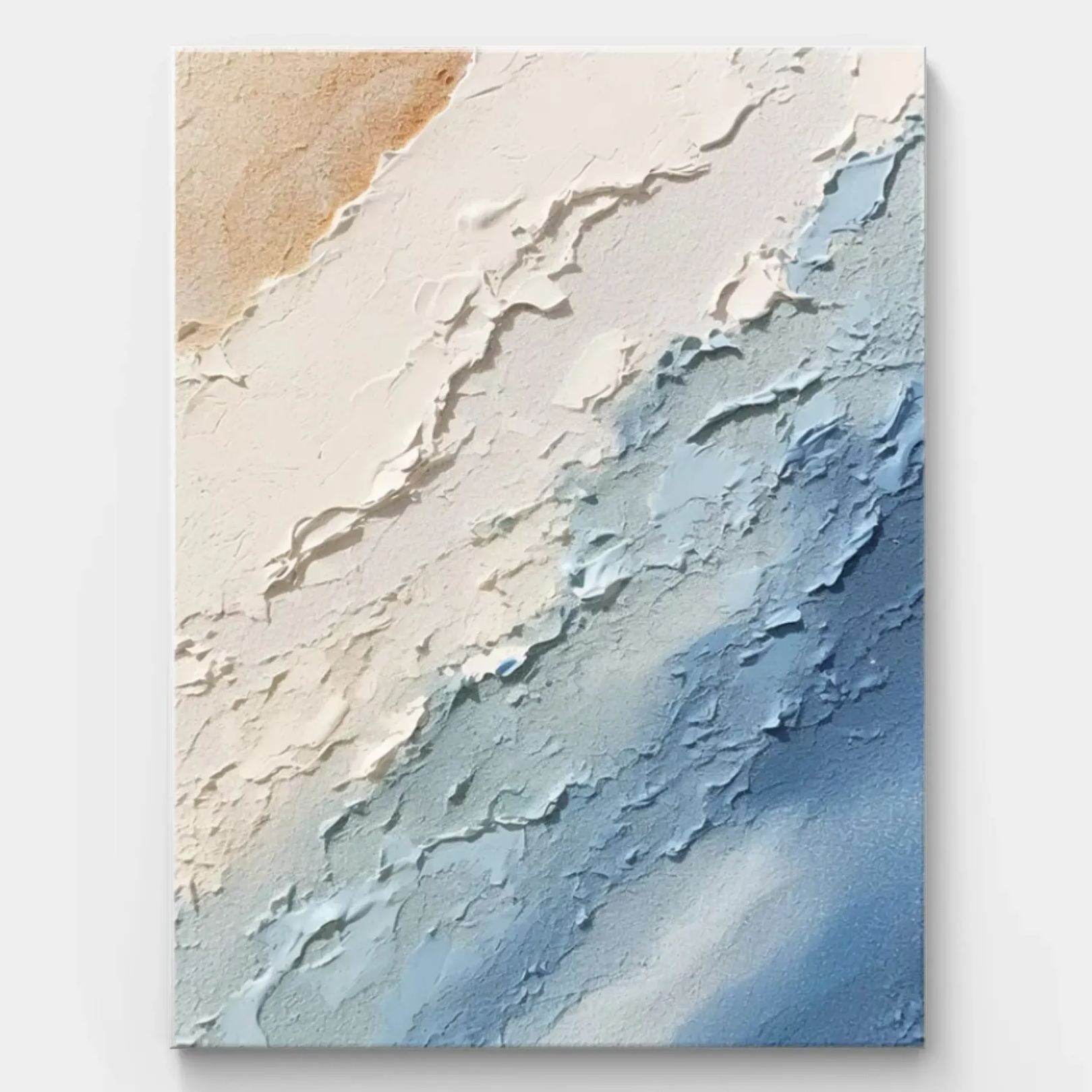 Modern abstract ocean texture painting in blue, white, and beige tones